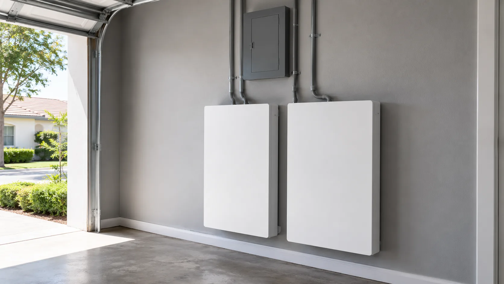 Two wall-mounted home battery units and an electrical subpanel installed in a clean Florida garage