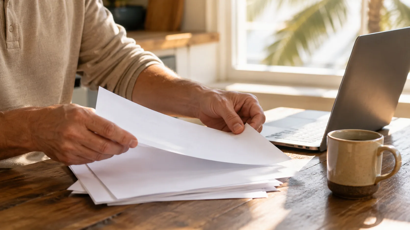A homeowner's hands sorting through paperwork at a sunlit kitchen table beside a laptop