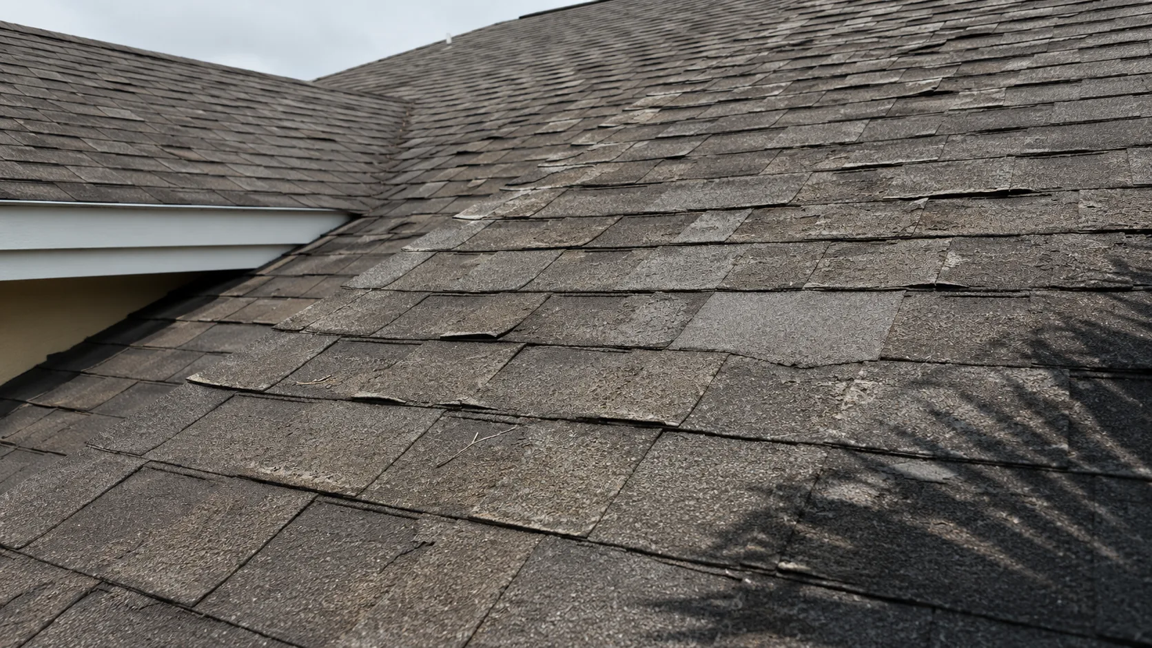 Worn asphalt shingle roof with curling shingle edges and patches of granule loss under flat overcast light