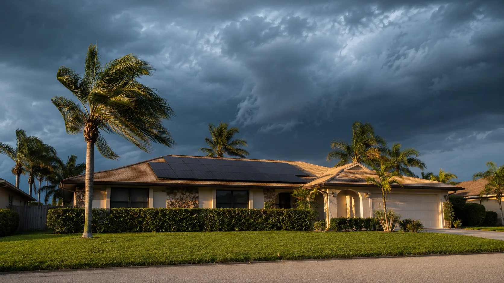 Dark storm clouds building behind a Florida home with a rooftop solar array, palms bending in the wind