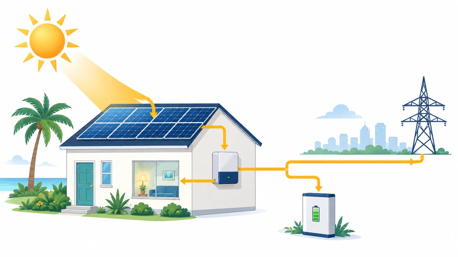 The complete solar journey from sunlight to panels, an inverter, a Florida home, a battery, and the utility grid