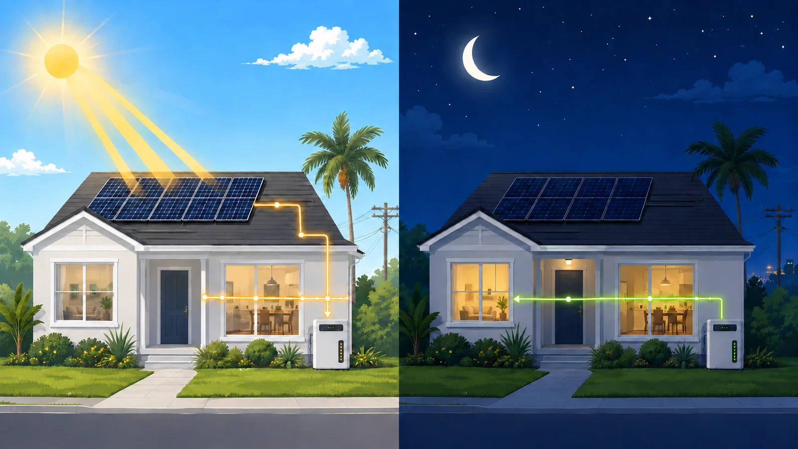 The same solar home during the sunny day and at night with a battery supplying energy