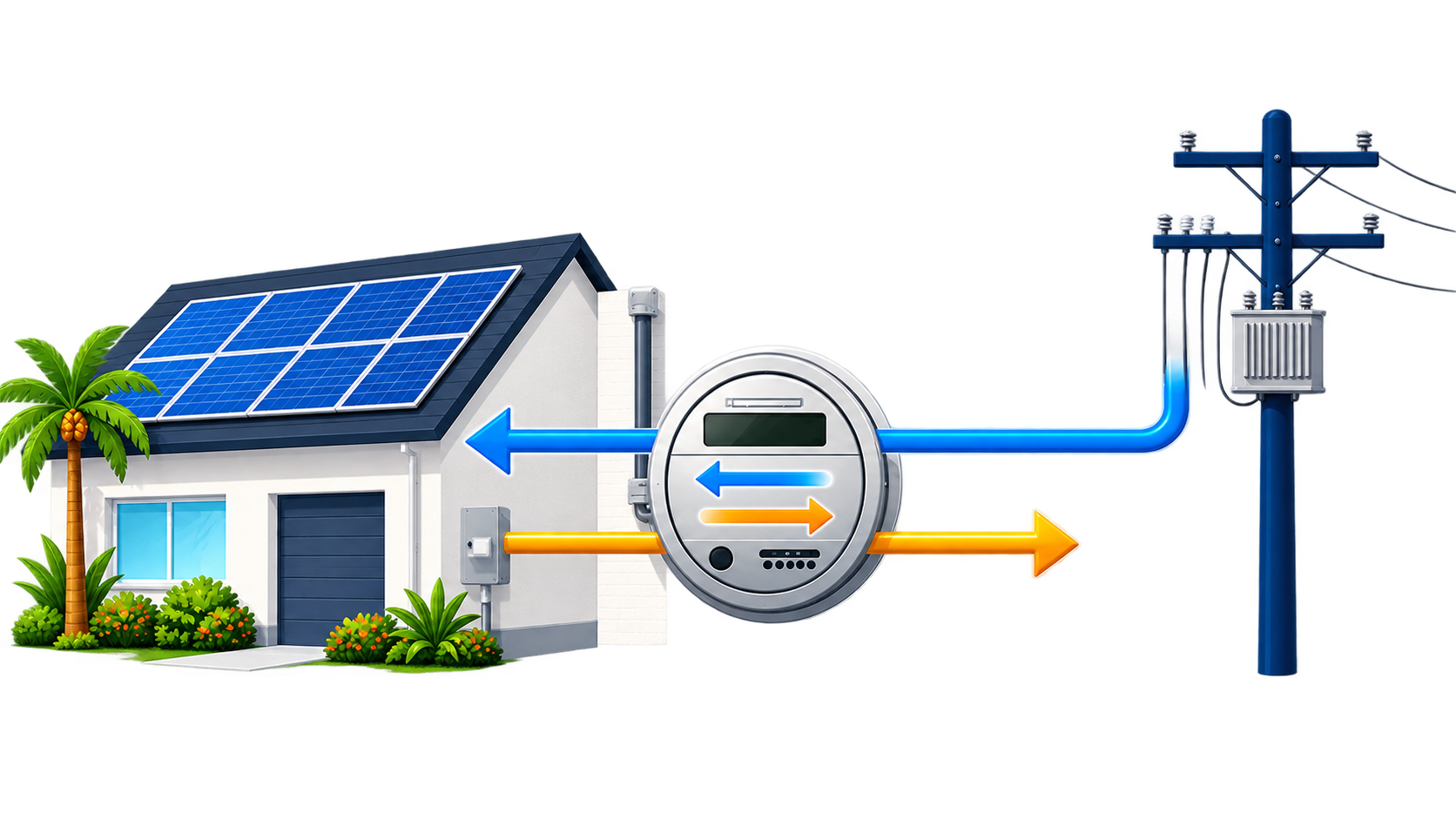 A bidirectional meter counting energy moving from the grid to a solar home and extra solar moving back to the grid