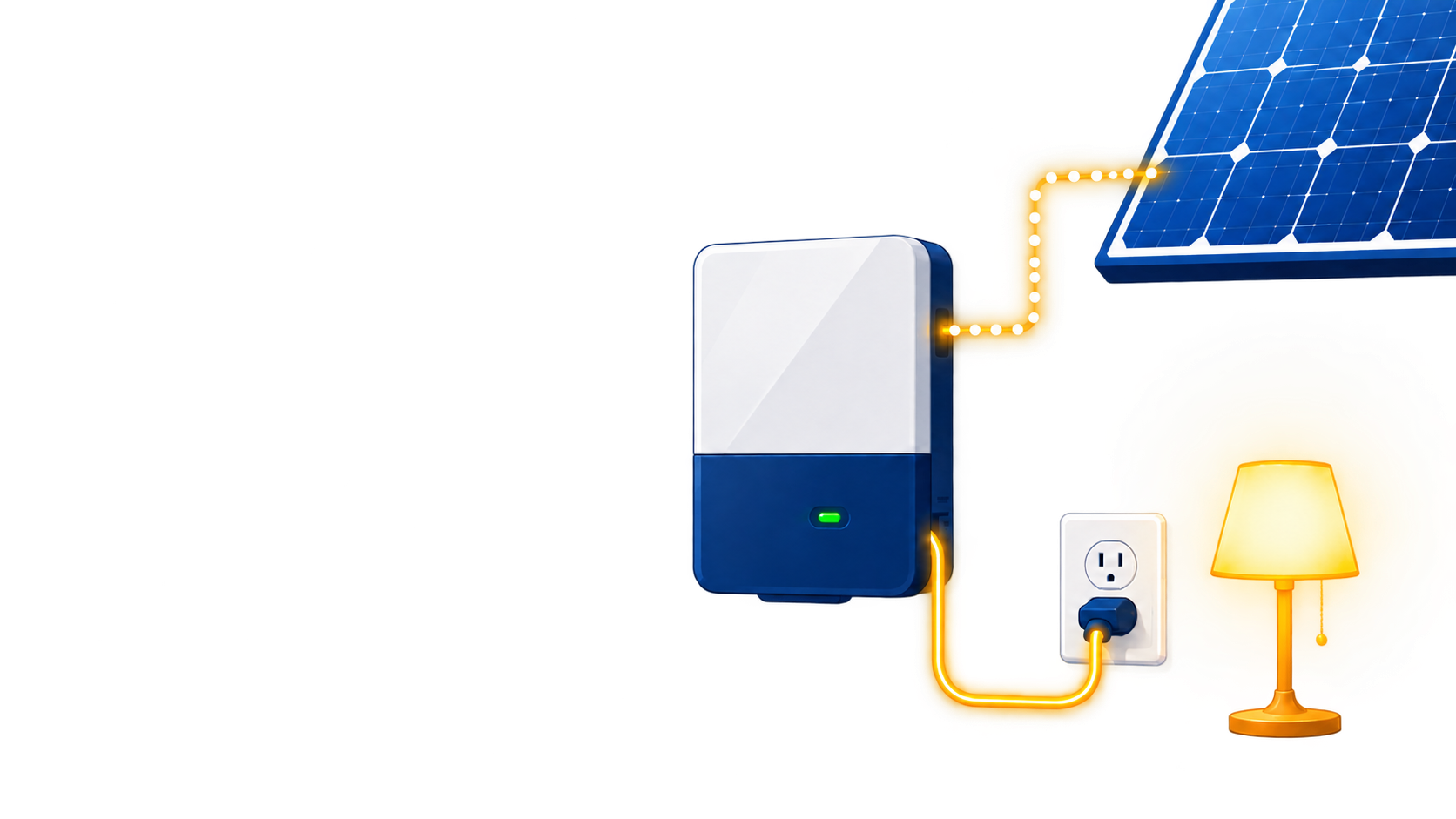 Solar electricity flowing through an inverter and toward a home outlet and lamp