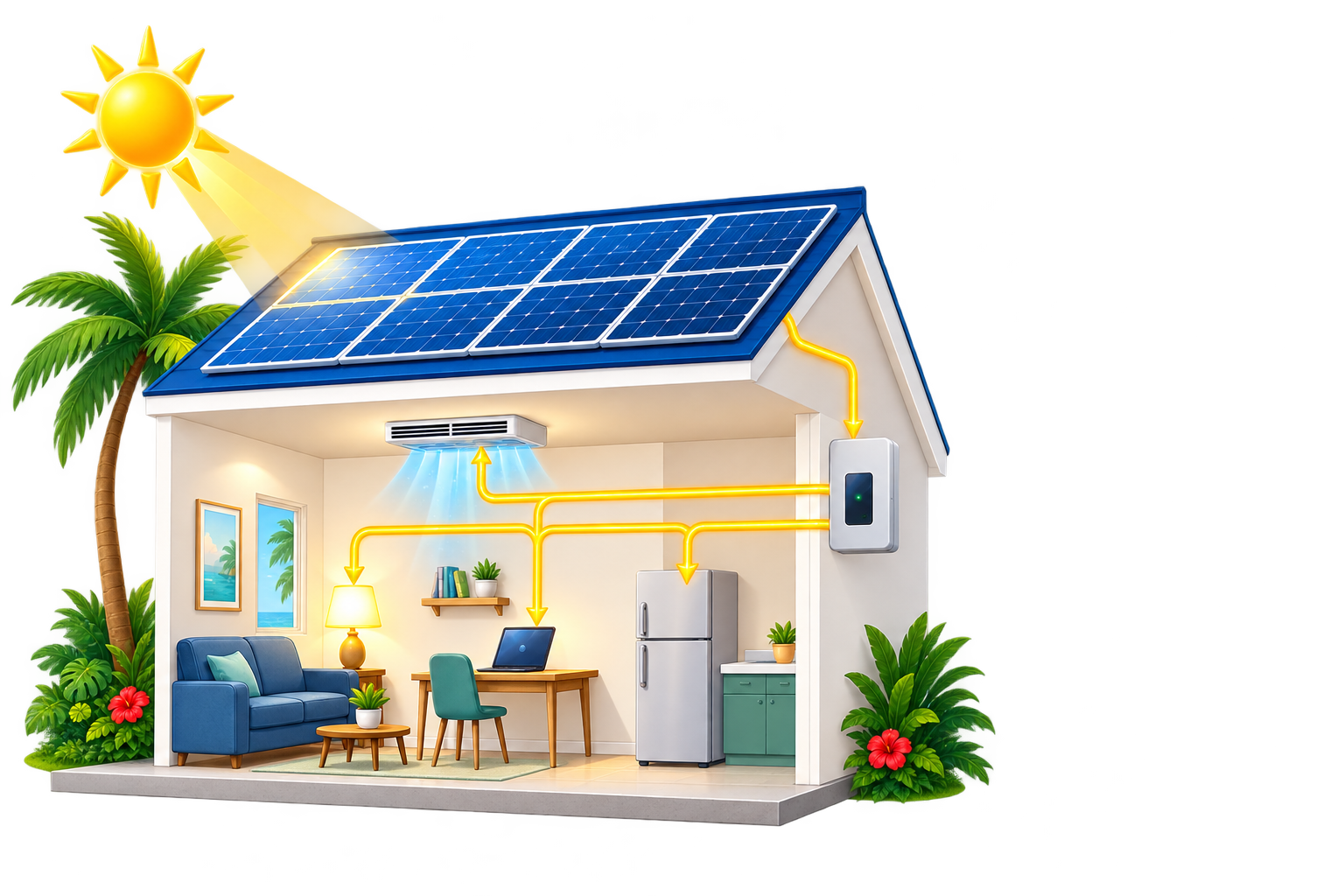 Cutaway Florida home using solar electricity for lights, a refrigerator, a laptop, and air conditioning