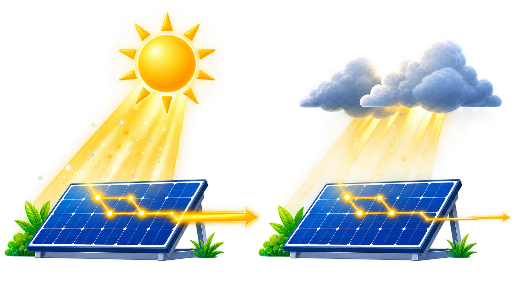 Solar panels making more electricity in bright sun and less electricity under clouds