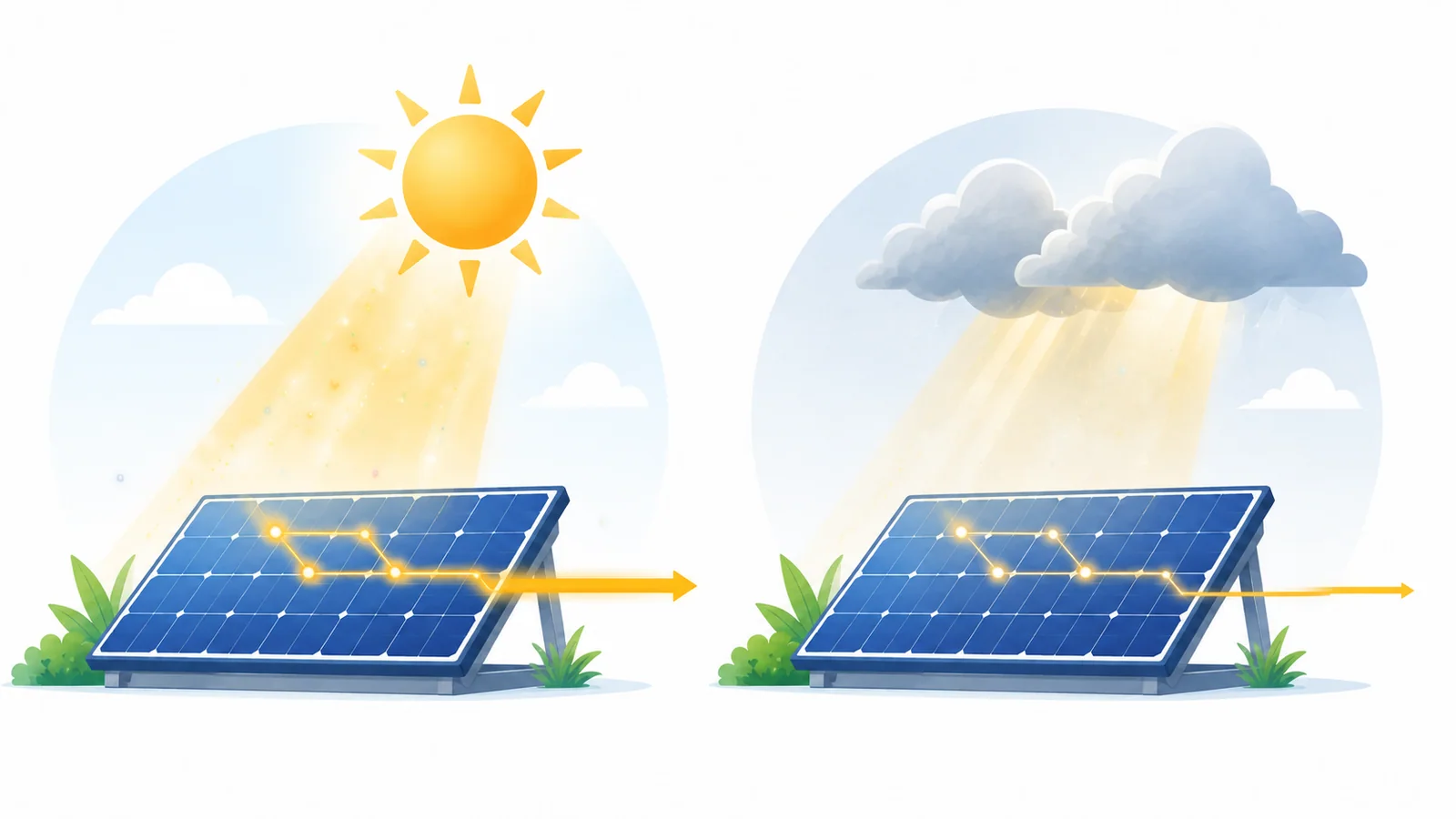 Solar panels producing more electricity in bright Florida sun and less electricity under clouds