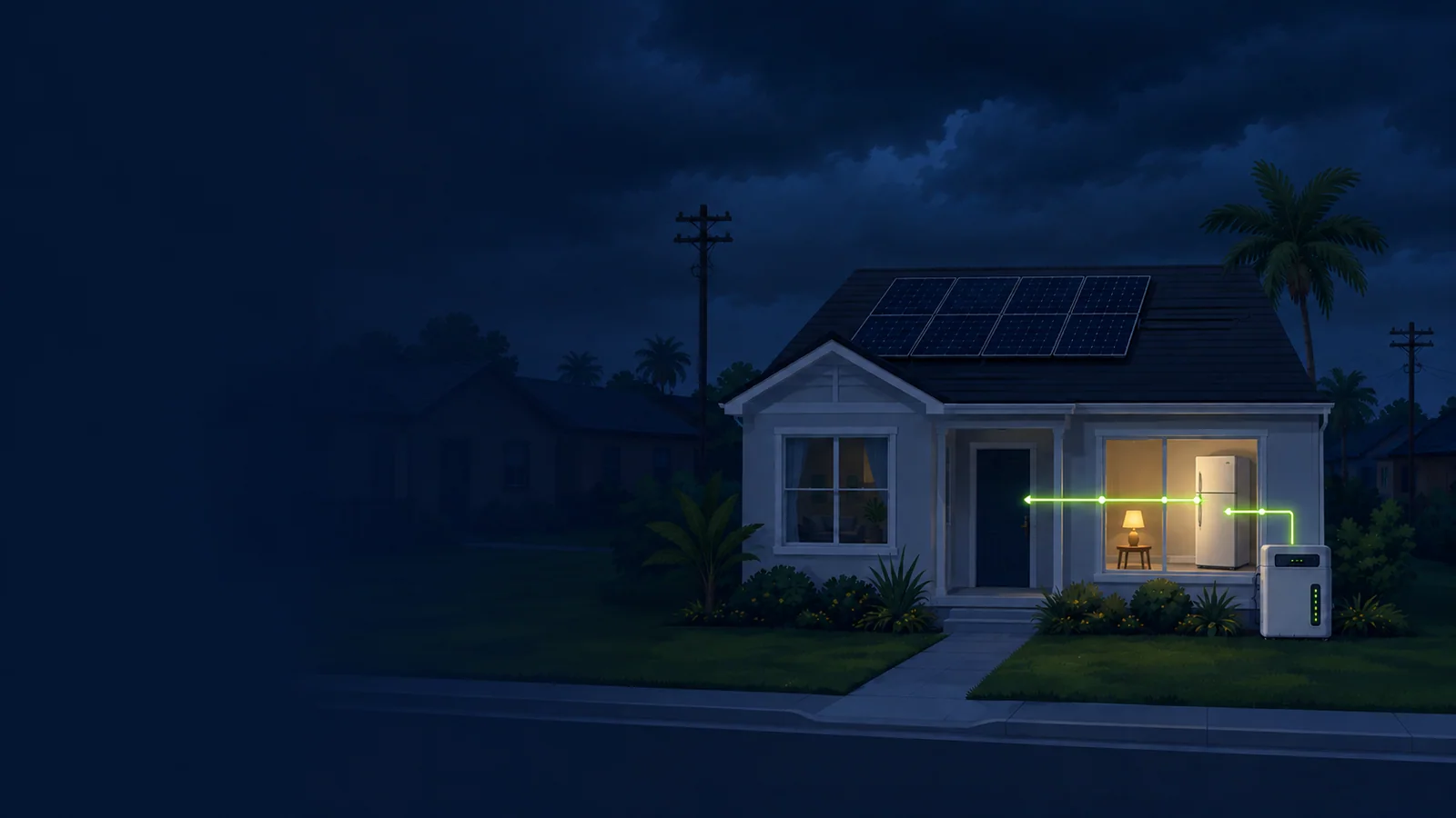 A Florida neighborhood during an outage, with selected lights and a refrigerator powered by a home battery