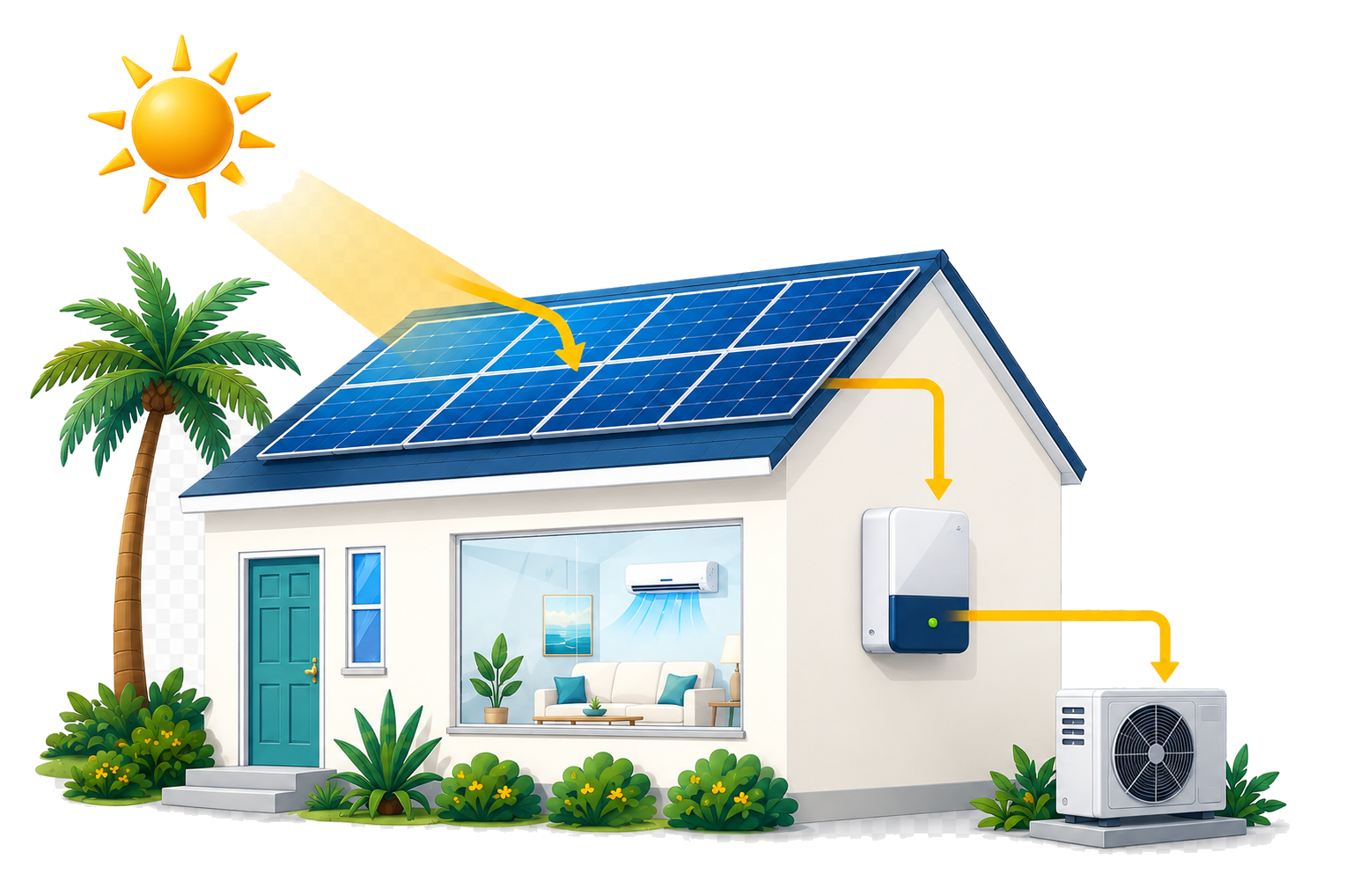 A sunny Florida home using rooftop solar electricity for daytime air conditioning